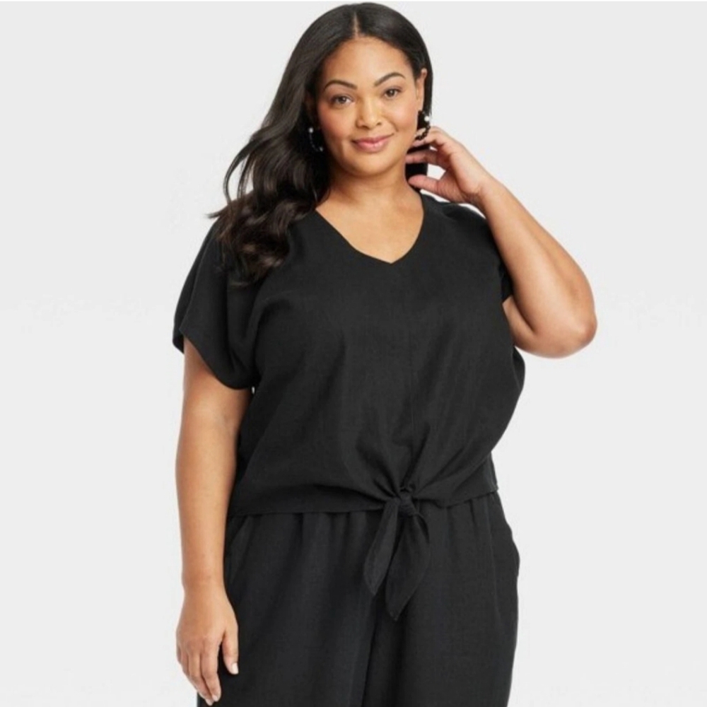 Ava & Viv Black Linen Blend Tie-Front Top | Size 4X - Picture 7 of 9